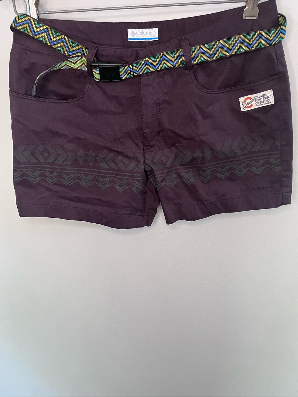 Columbia Vintage Aztec Hiking‎ Shorts Purple Omni-Shade Belted Womens 28